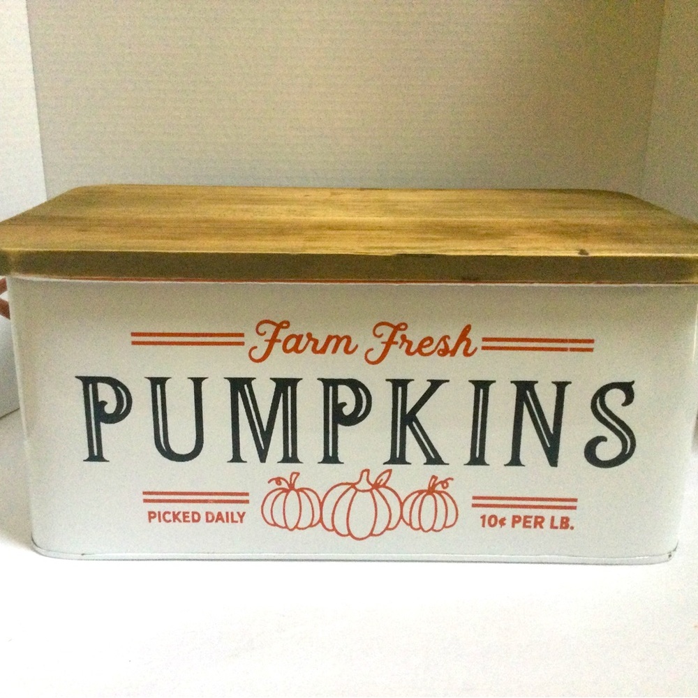 Large Rustic Farmhouse Bin with wood lid and handles “Farm Fresh PUMPKINS”